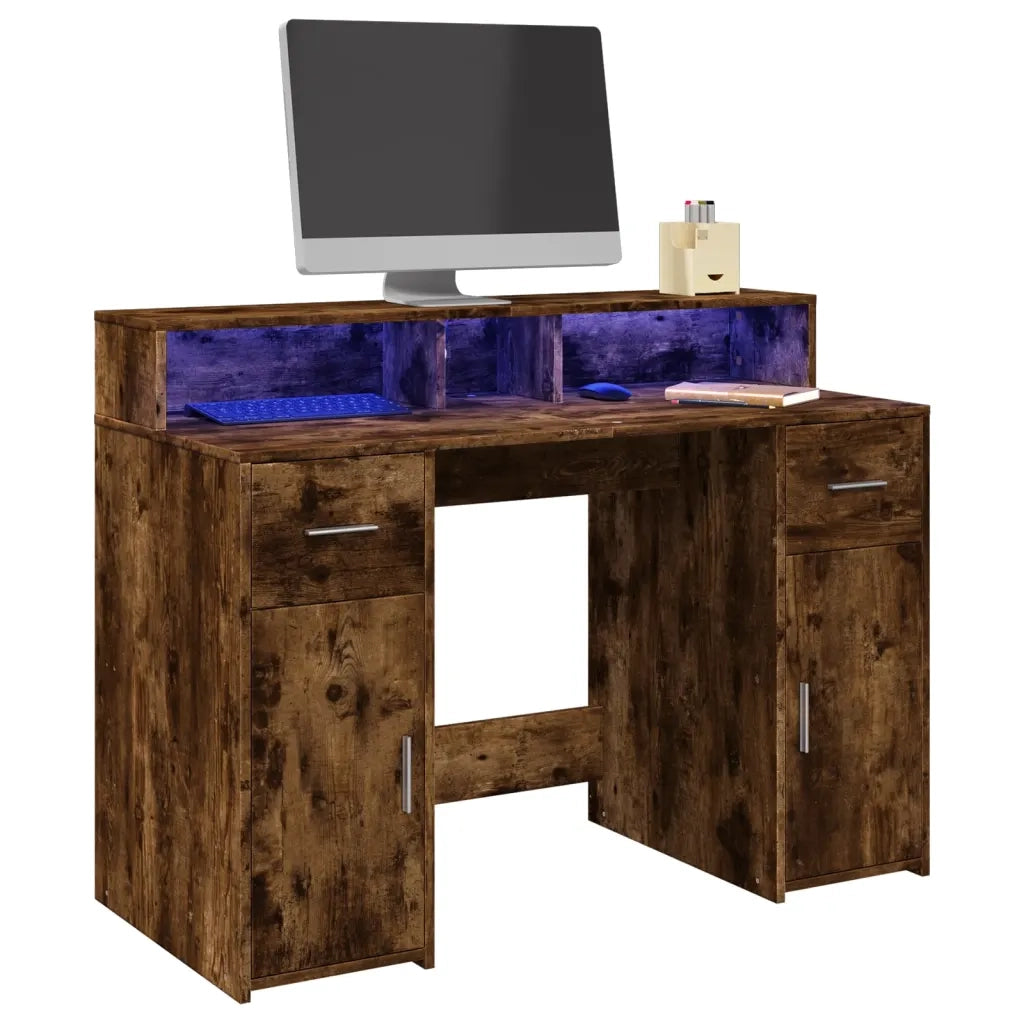 Scrivania | Tavolo da Ufficio con Luci LED Rovere Fumo 120x55x91 cm in Multistrato