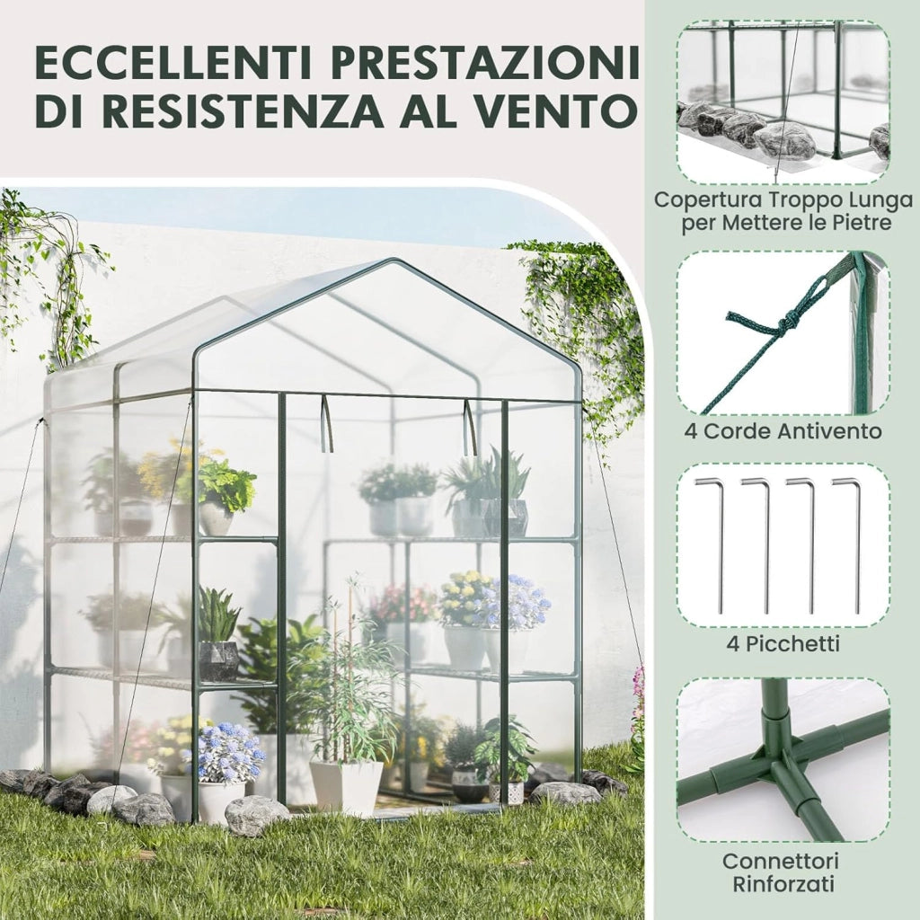 Serra da Giardino con 8 Ripiani, Telo Trasparente in PVC, Porta Avvolgibile con Cerniera, Telaio in Acciaio Robusto e Anticorrosione, Serra da Esterno per Piante, Fiori e Frutta