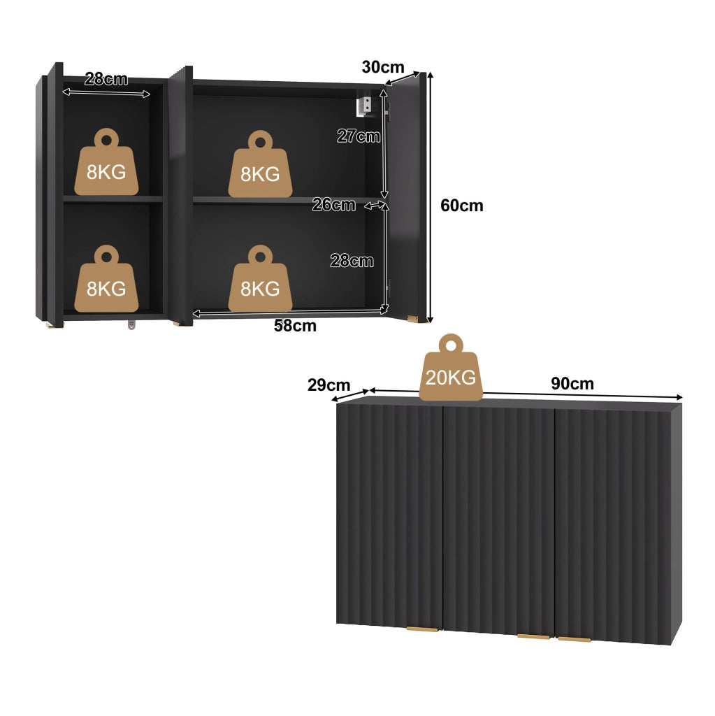 Pensile da parete con 3 ante in MDF nero; 90 x 29 x 60 cm