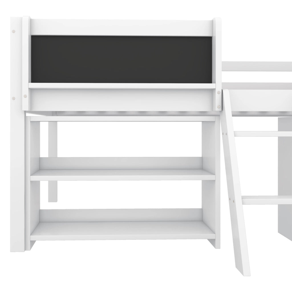 DESMIU Letto Bambino Semialto 1 Posto con Ripiani, Sponde e Scala 90 × 200 cm, senza materasso, Bianco