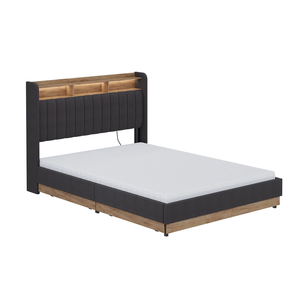 Vitalispa Letto imbottito Antracite/quercia 140x200 cm con 4 cassetti