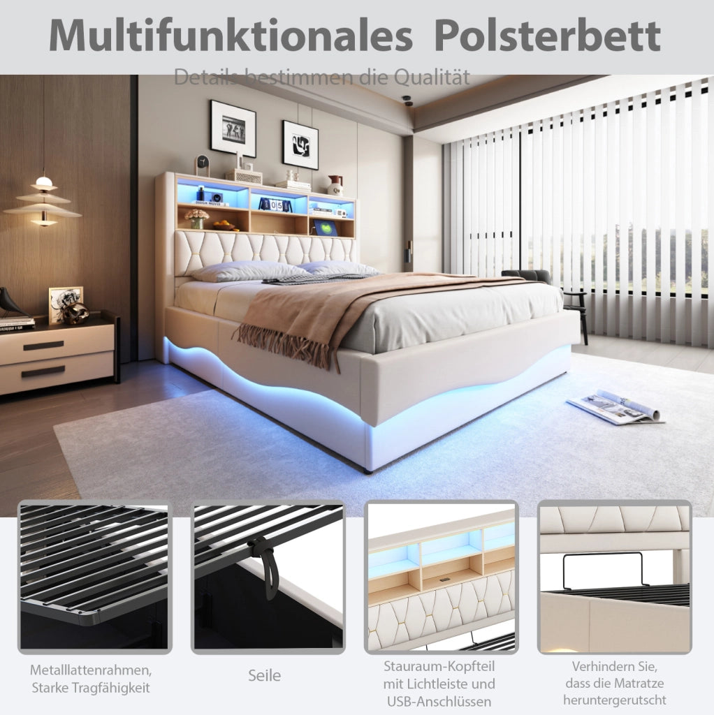 Letto imbottito 180x200 cm beige con LED, USB e vano contenitore