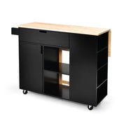 Carrello su ruote bloccabili con piano in legno di gomma cassetto, Isola da cucina a foglia a goccia Nero-Carrelli