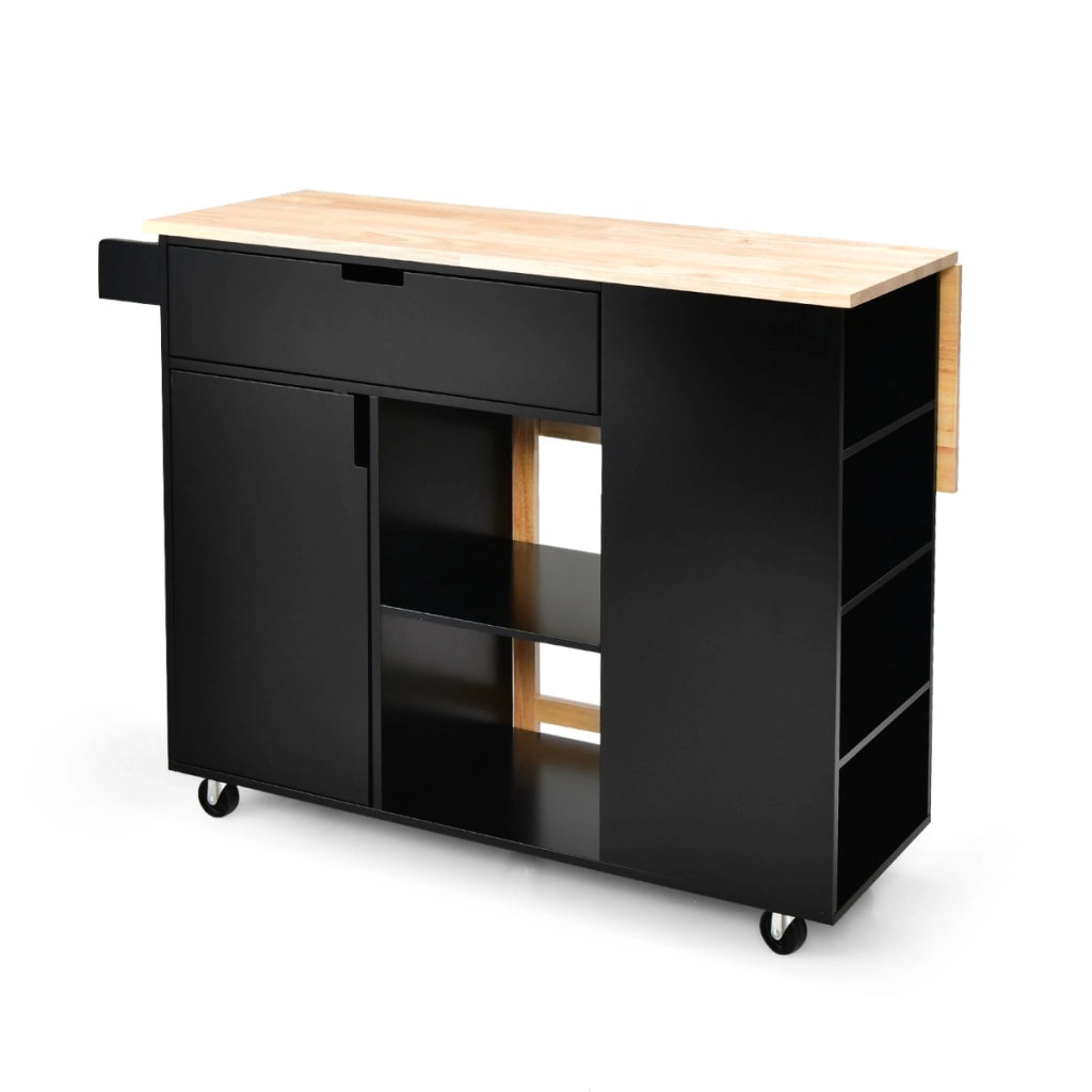 Carrello su ruote bloccabili con piano in legno di gomma cassetto, Isola da cucina a foglia a goccia Nero-Carrelli