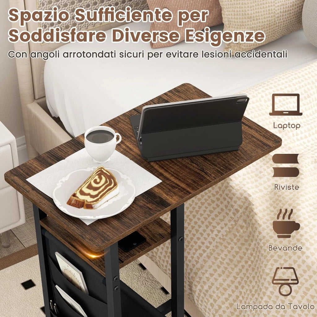 Tavolino da Salotto, Tavolino Laterale con Piano Retrattile e Prese di Corrente, Tasca per Riporre e Ruote Bloccabili, Tavolino per Soggiorno e Camera da Letto (Marrone)