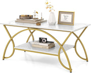 Tavolino da Caffè da Salotto, Tavolino Rettangolare a 2 Livelli con Struttura in Metallo, Tavolino Elegante e Moderno per Studio, Ufficio e Soggiorno, 100 x 50 x 45 cm (bianco e oro)
