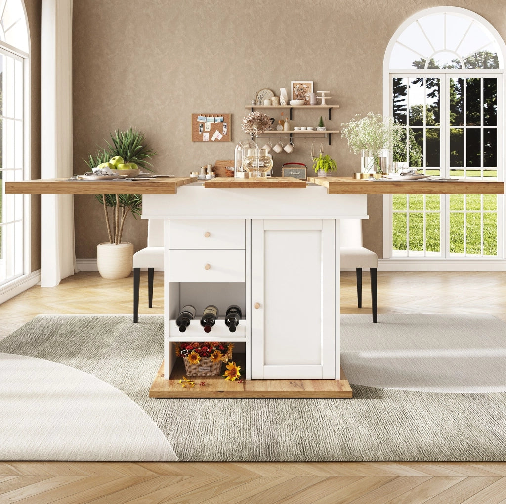 Tavolo allungabile 110-140x80x75 cm con anta; cassetto e ripiani; bianco e naturale