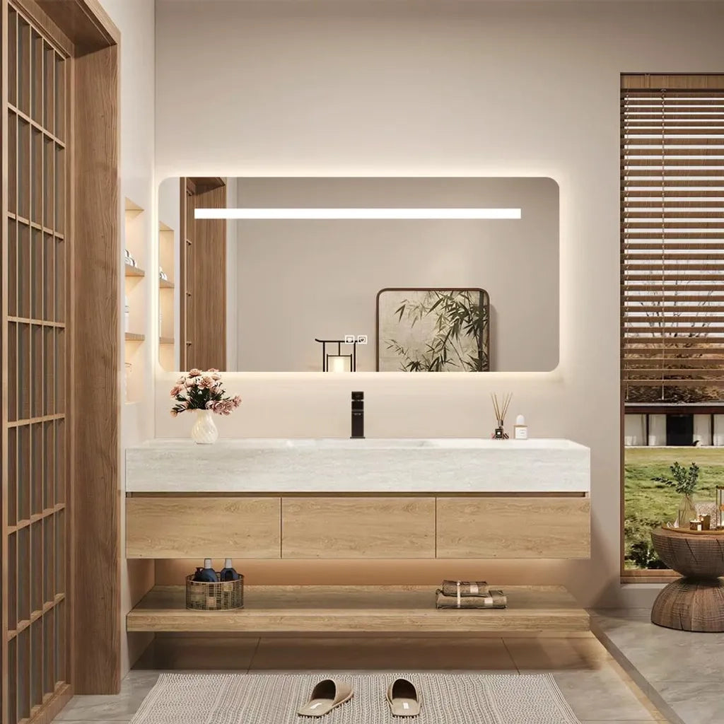 Set mobile bagno sospeso effetto travertino con lavabo in pietra sinterizzata e specchio foro per rubinetto 120×55 cm