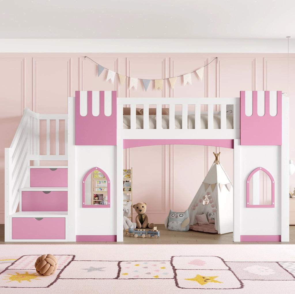 Letto a soppalco ULEVR 90x200 cm con scala contenitore a 3 vani e 2 finestre, bianco e rosa