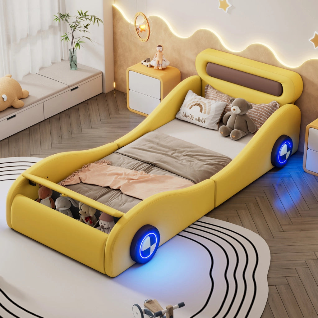 Letto auto imbottito 90x200 cm con ruote luminose, giallo