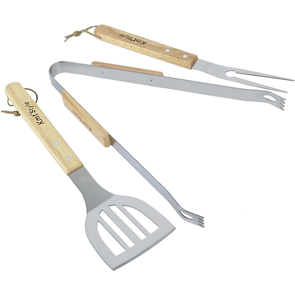 Trade Shop - Set 3 Attrezzi Griglia Barbecue Forchettone Pinza Spatola In Acciaio Manico Legno -