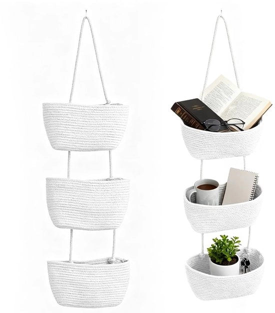 Organizzatore multifunzionale da appendere, 3 livelli, cesta intrecciata, organizzatore da appendere, cesta da appendere per bagno, camera da letto per bambini, camera da letto, (bianco)