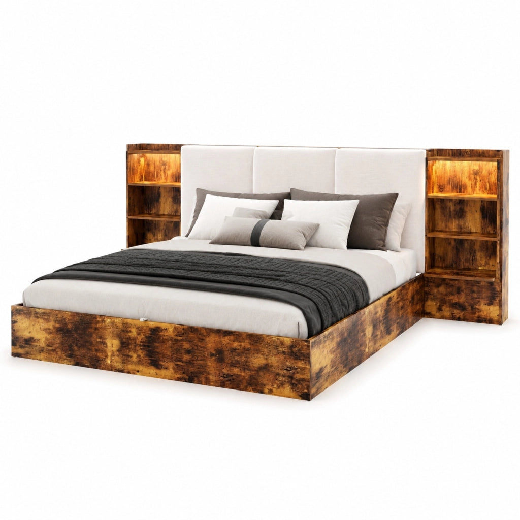 Letto Contenitore 180 x 200 cm - 6 Vani; LED Regolabile e Testiera Imbottita - Marrone