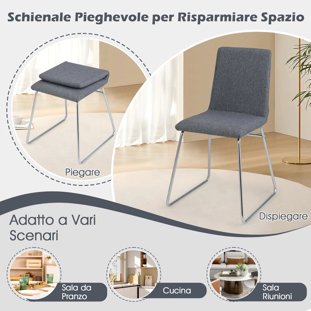 Set di 2 Sedie per Sala da Pranzo 52 x 47 x 88 cm, Sedie Imbottite per Cucina con Schienale Pieghevole e Struttura in Metallo, Adata per Ristorante, Grigio