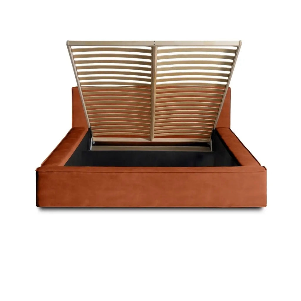 Letto contenitore VELORA – Terracotta – 140x200 cm – Tessuto velluto morbido – Rete sollevabile – Spazio di stoccaggio integrato