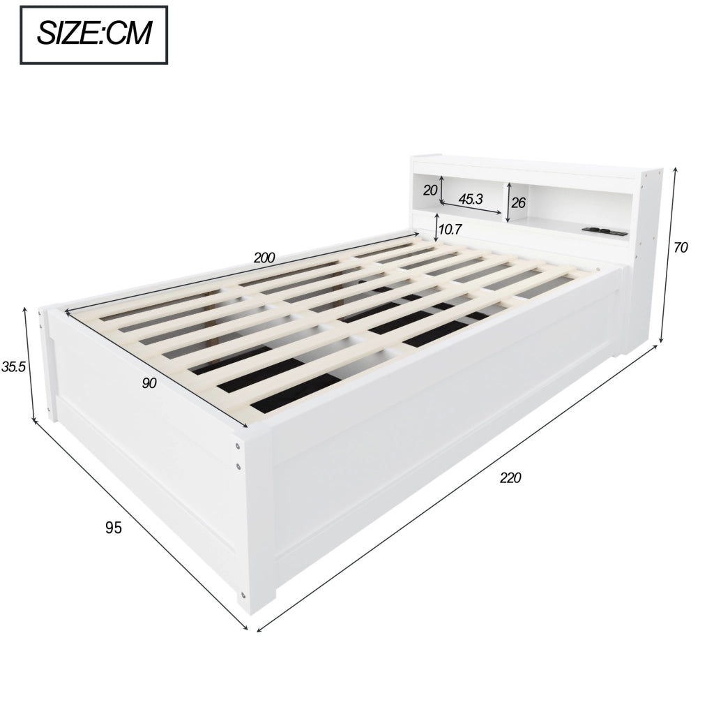 Letto multifunzione 90x200 cm con presa integrata; LED e contenitore salvaspazio; bianco