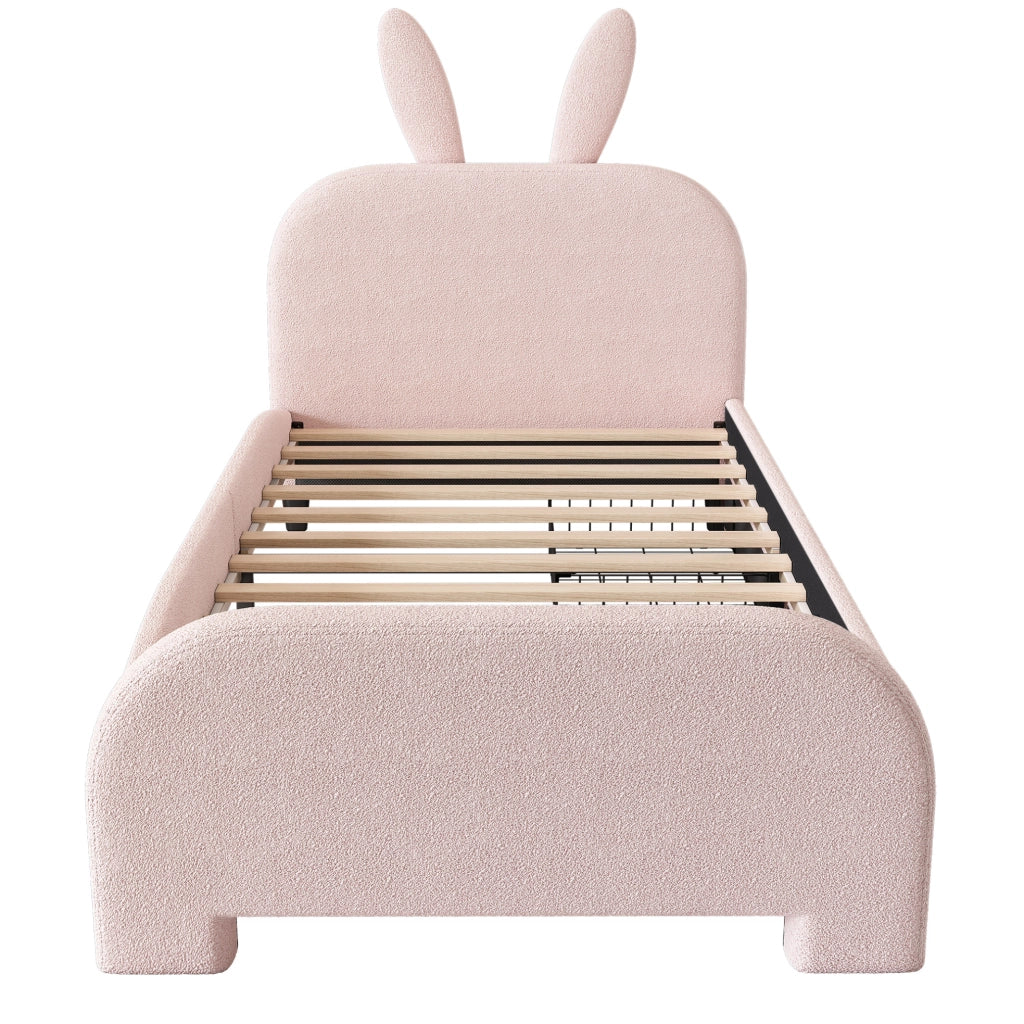Letto per bambini con testiera a forma di coniglio; 90x200 cm; rosa; in plush e MDF con 2 cassetti