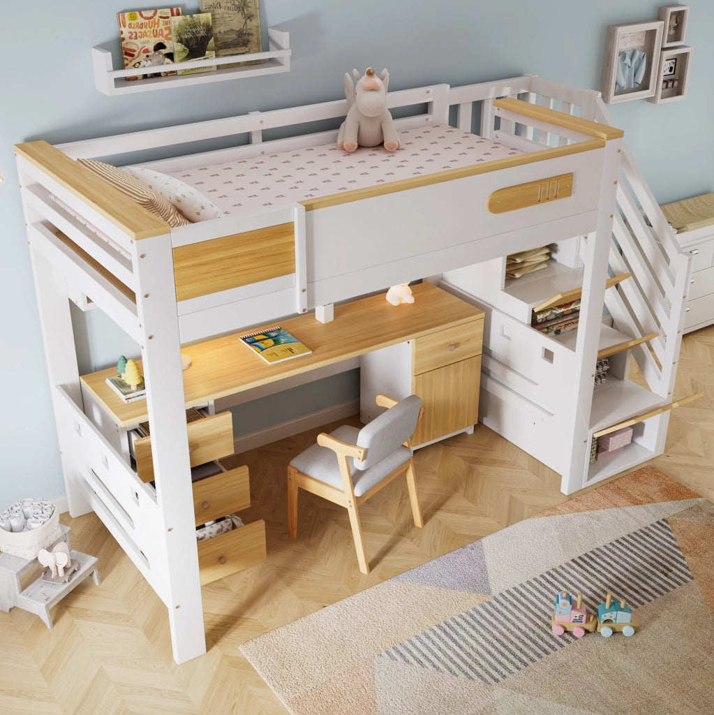 Letto a soppalco 90 x 200 cm con scrivania, scala contenitore e ripiani