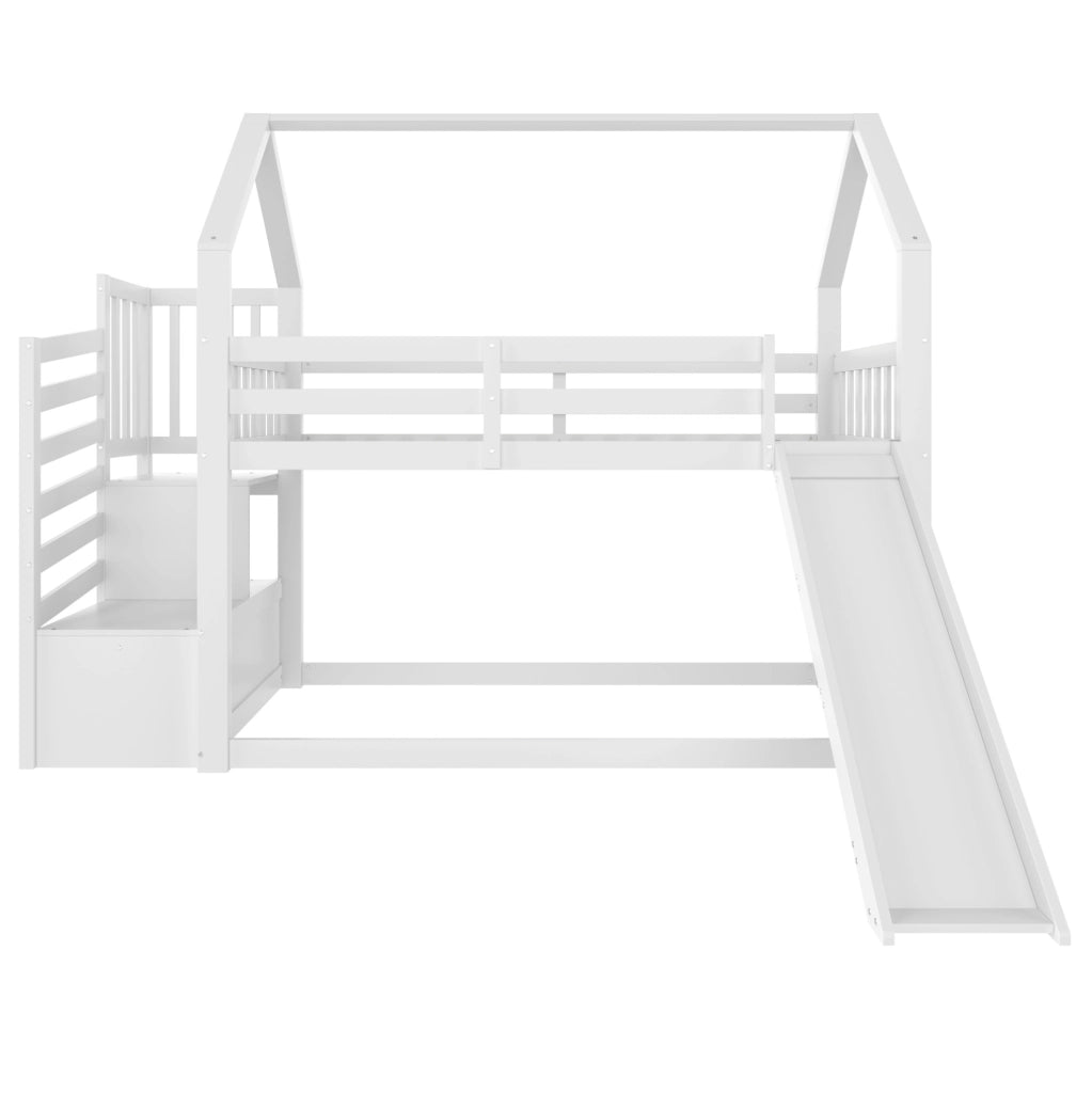 LETTO A CASTELLO 90x200 cm con scivolo, scala con vano portaoggetti, pino e MDF, bianco