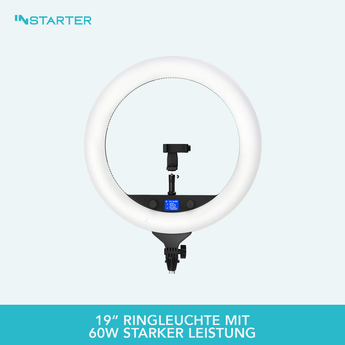 Instarter Ring light a LED con treppiedi, Luce ad anello orientabile a 180°, Lampada per video da 60 W bicolore, illuminazione regolabile