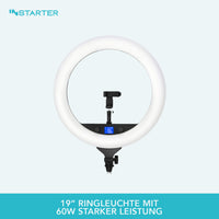 Instarter Ring light a LED con treppiedi, Luce ad anello orientabile a 180°, Lampada per video da 60 W bicolore, illuminazione regolabile