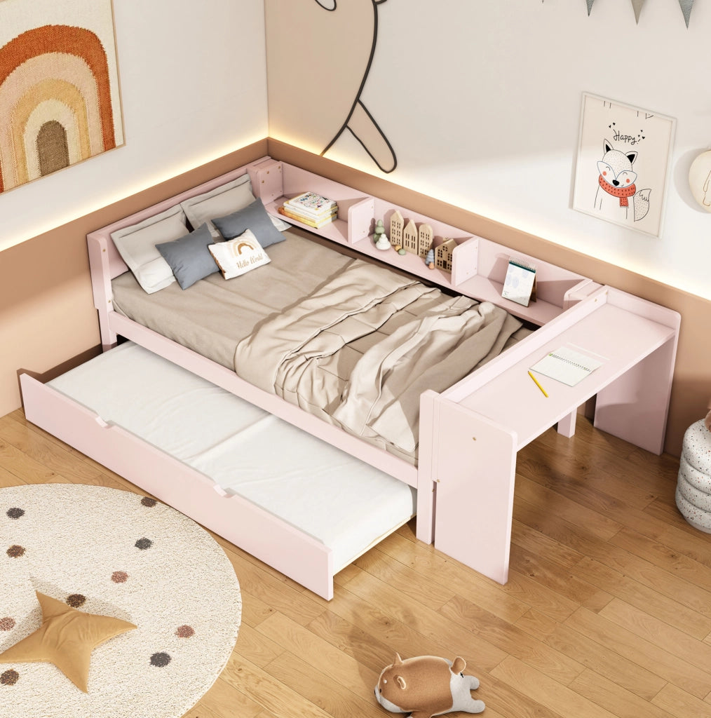 Letto per bambini 90x200 cm con letto estraibile; scrivania e ripiani; legno e MDF; rosa