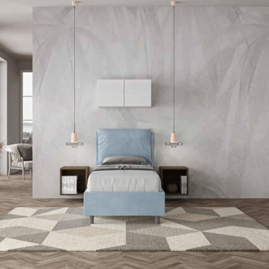Letto singolo con rete imbottito 80x200 microfibra azzurro Antea