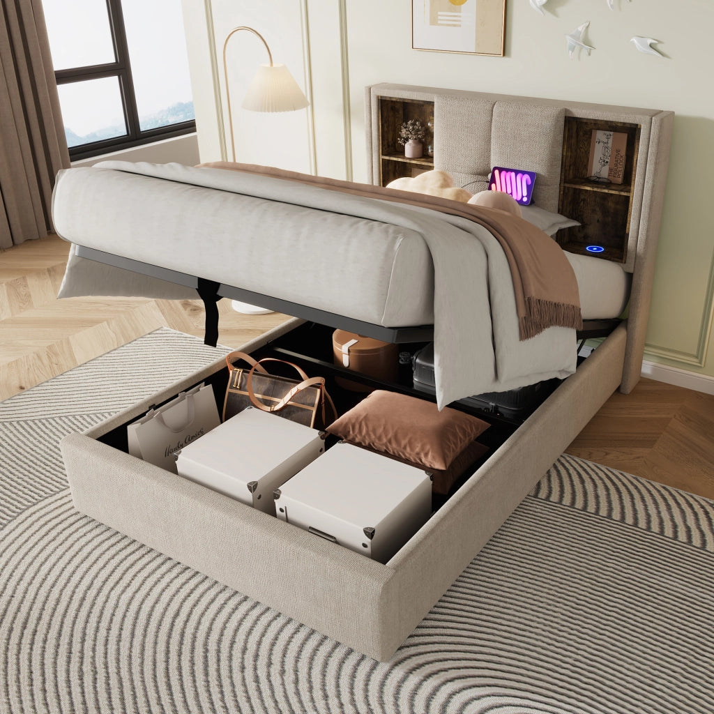 Letto singolo – 90x200 cm – ricarica wireless USBC con materasso – lino naturale