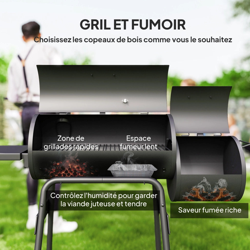 Barbecue a Carbone con Coperchio e Affumicatore Smoker, BBQ da Giardino con Ruote, Termometro e Ripiani, Nero