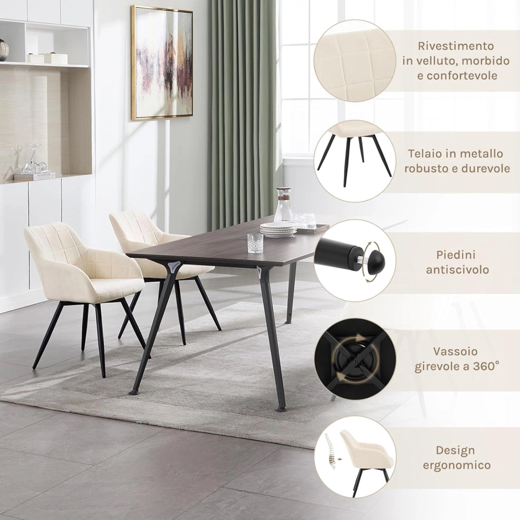 Sedia da Pranzo Girevole, Sedia da Cucina Ergonomica Imbottita in Velluto con Gambe in Metallo, Poltrona per Salotto, Ufficio, Camera da Letto, Balcone, Beige, EZS85be-1
