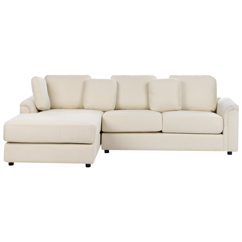 Divano stile moderno ad angolo con pouf in tessuto beige chiaro a destra