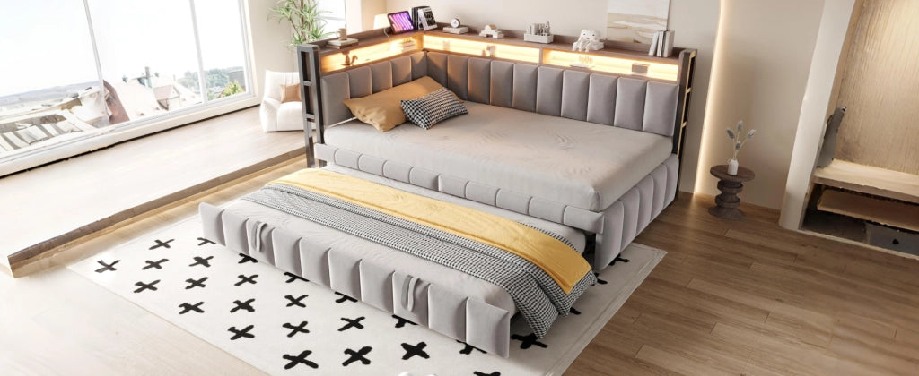 Divano letto multifunzione 90x200 cm in velluto grigio con letto estraibile; LED e USB