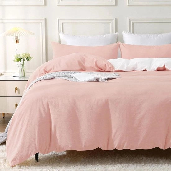 Set da letto a due pezzi, 135 x 200 cm, set di lenzuola da letto in cotone, rosa chiaro, con zip, tessuto simile a quello stonewash, include 1 coprisacco e 1 cuscino.