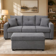 Divano ad angolo modulare con illuminazione LED e pouf versatile, con 2 cuscini, in tessuto corduroy grigio antico