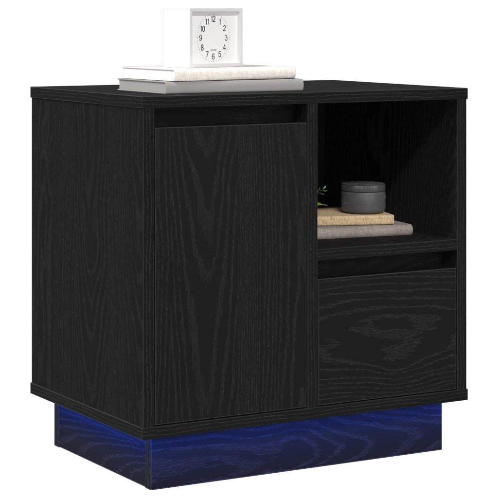 Comodino con LED Nero Rovere 50x34,5x50 cm