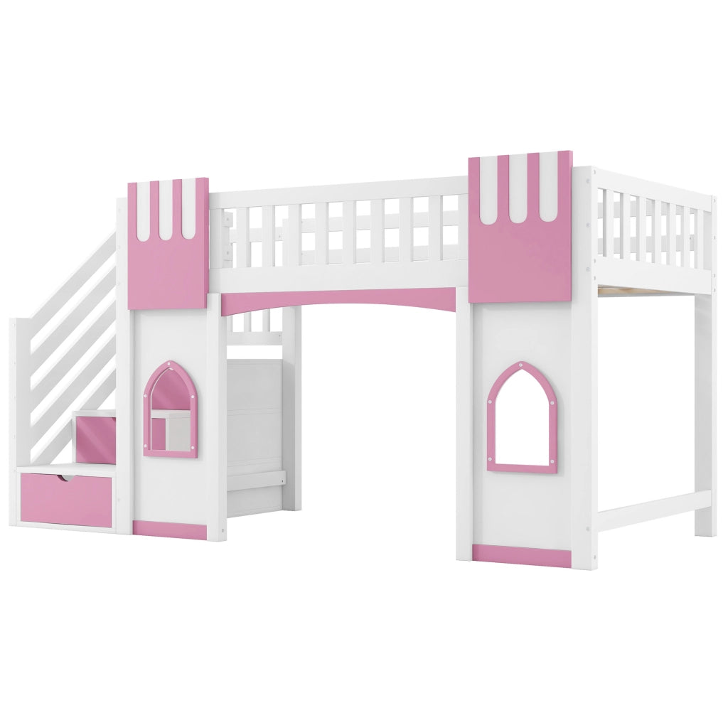 Letto a soppalco ULEVR 90x200 cm con scala contenitore a 3 vani e 2 finestre, bianco e rosa