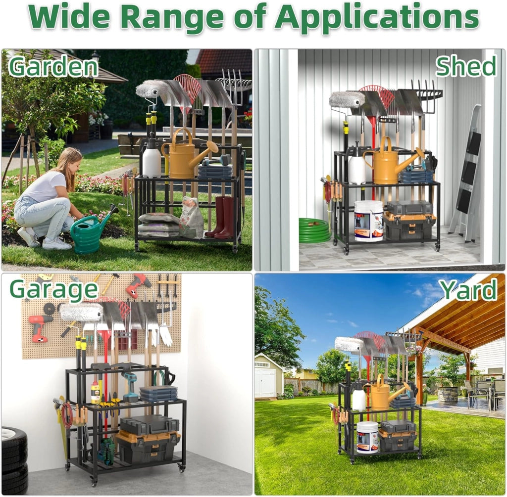 Portautensili da giardino resistente, 3 ripiani, con ruote universali bloccabili, porta attrezzi da giardino, porta attrezzi da per garage