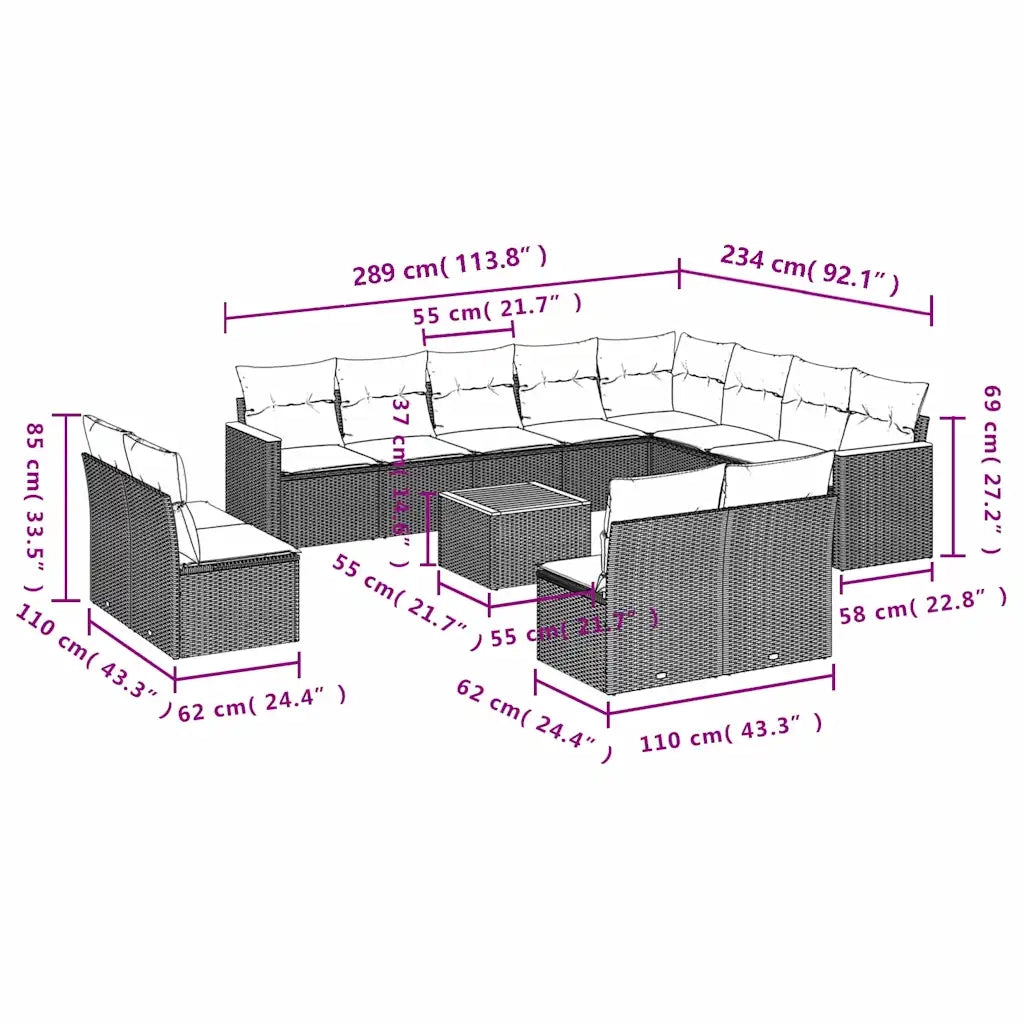 Set Divani da Giardino 13 pz con Cuscini Nero in Polyrattan 3226477