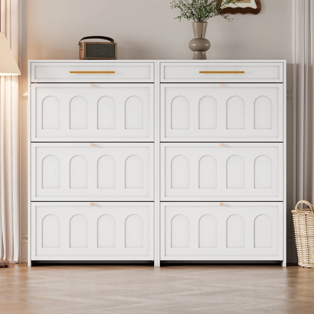 Scarpiera con 12 ripiani regolabili e 2 cassetti per ingresso e ufficio, in MDF bianco, 140 × 25 × 123.5 cm