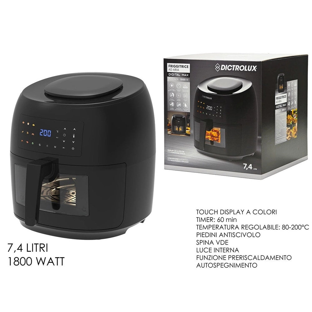 Trade Shop - Friggitrice Ad Aria Con Oblò Da 7,4lt Temperatura Regolabile 9 Programmi Timer 1800 W -