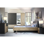Camera completa MELODY – Letto contenitore 180x200 + armadio + cassettiera + comodini – Nero grafite e rovere chiaro – Materasso non incluso