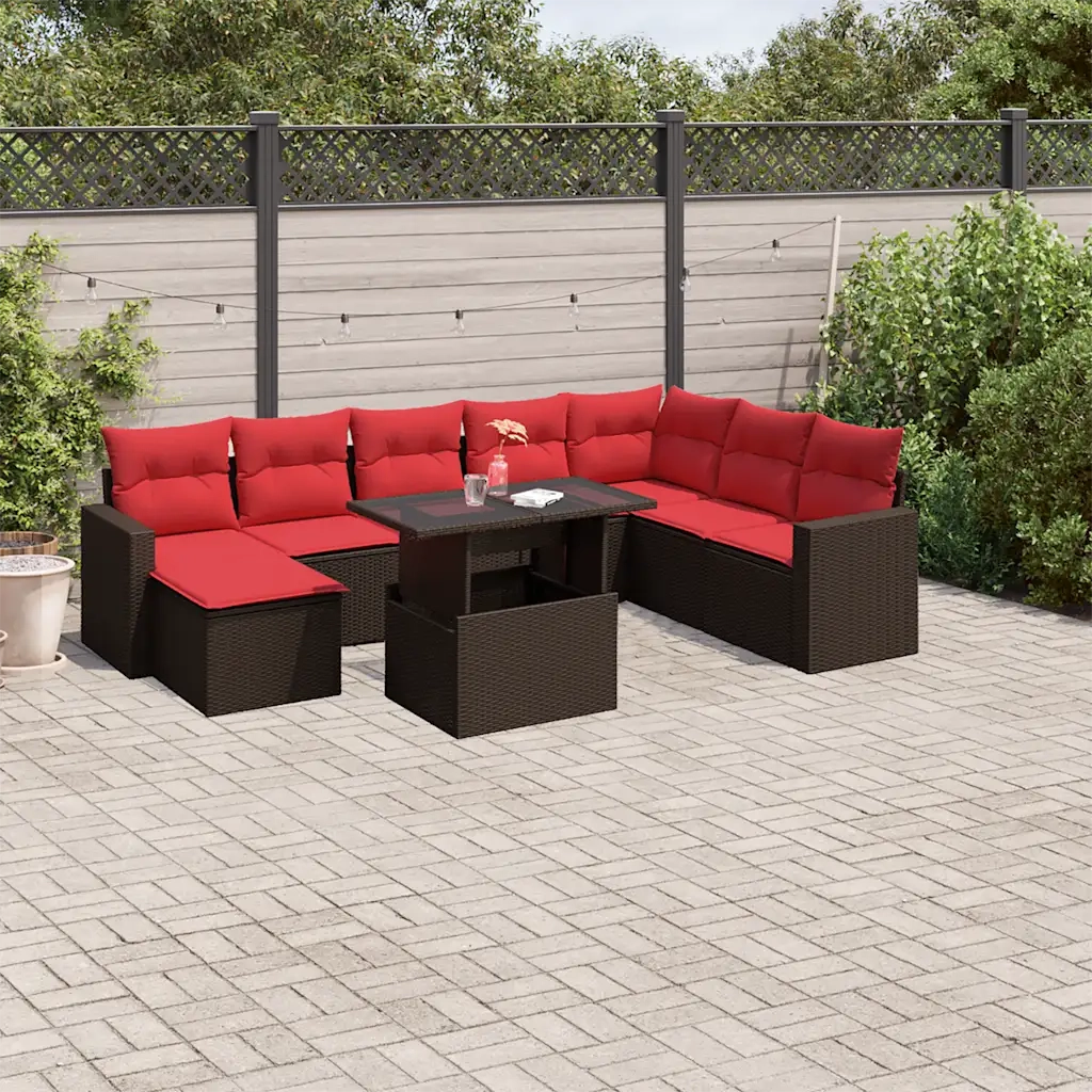 Set Divani da Giardino 9 pz con Cuscini Marrone in Polyrattan 3267474