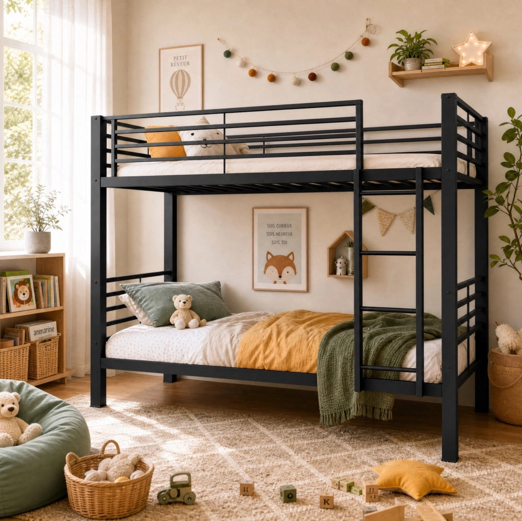 Letto a castello in metallo nero con scala reversibile e spazio contenitivo