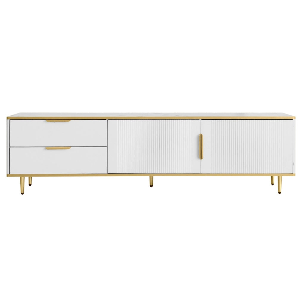 Mobile TV ULEVR 170x37x45 cm con 2 cassetti e 2 ante, bianco e oro con texture scolpita