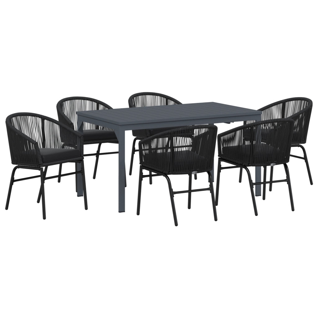 Set pranzo giardino 7 pezzi con cuscini neri in polirattan