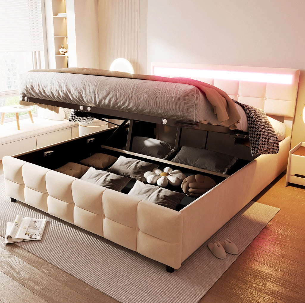 Letto imbottito 180x200 cm con contenitore idraulico e LED in velluto beige