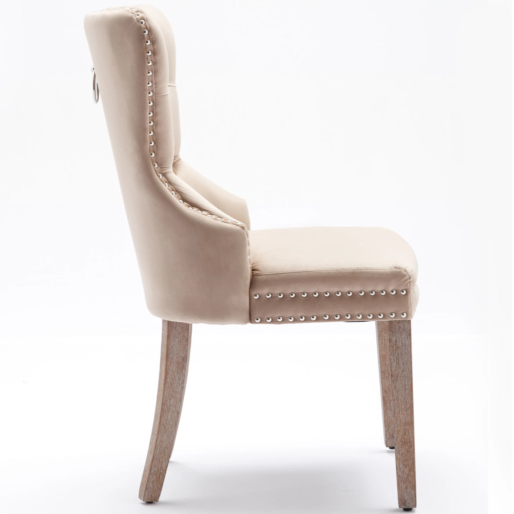 Sedia da Pranzo Imbottita in Velluto ¨C MINIMAL ¨C Beige, Gambe in Legno Massello, Set 2 Pezzi