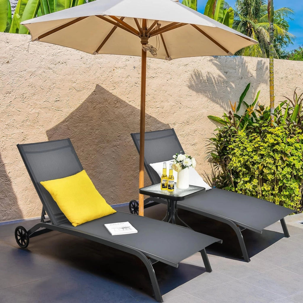Lettino Prendisole con Ruote e Schienale Regolabile, Sedia a Sdraio da Giardino Regolabile in 6 Livelli, Lettino da Spiaggia in Tessuto Textilene Portato 150 kg per Balcone, Piscina (Grigio)