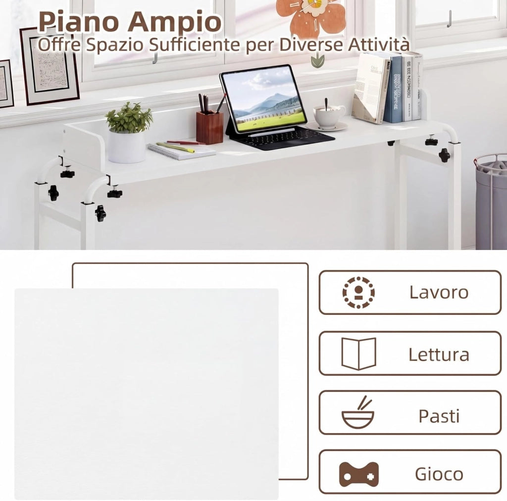 Scrivania da Letto con Ruote, Tavolino da Letto Salvaspazio con Altezza e Lunghezza Regolabili, Telaio in Metallo, Scrivania Portatile per Camera da Letto, Soggiorno e Ospedale (Bianco)
