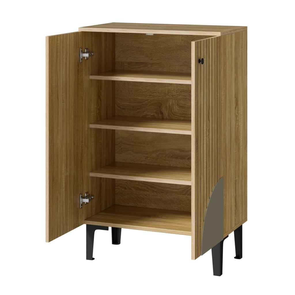 Mobile Scarpiera con 2 Ante e Ripiani; Gambe in Metallo Nero; Stile Moderno; Ingresso; in MDF; Naturale; 60×32×94 cm